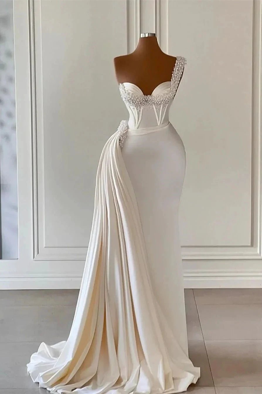 Unique Ivory One-Shoulder Sweetheart Sleeveless A-line Wedding Dresses With Beads by misshow.com