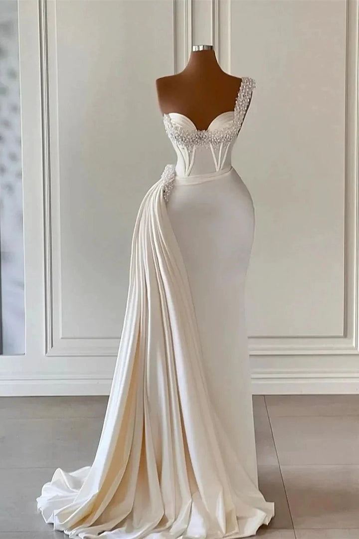 Unique Ivory One-Shoulder Sweetheart Sleeveless A-line Wedding Dresses With Beads by misshow.com
