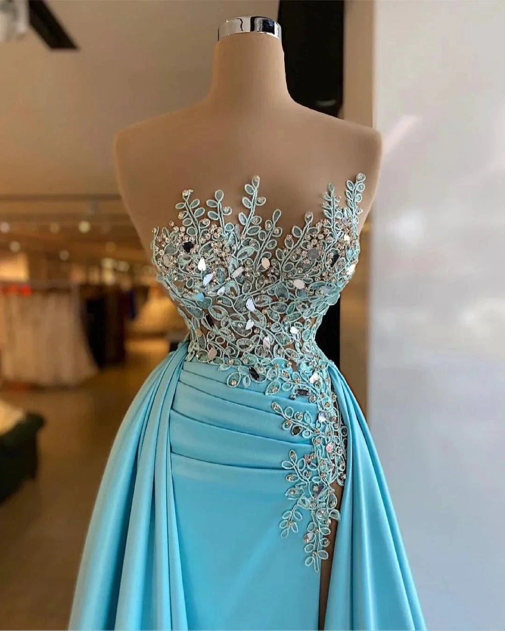 Unique Long A-line Bateau Appliques Crystal Ruffles Prom Dress by BIZTUNNEL