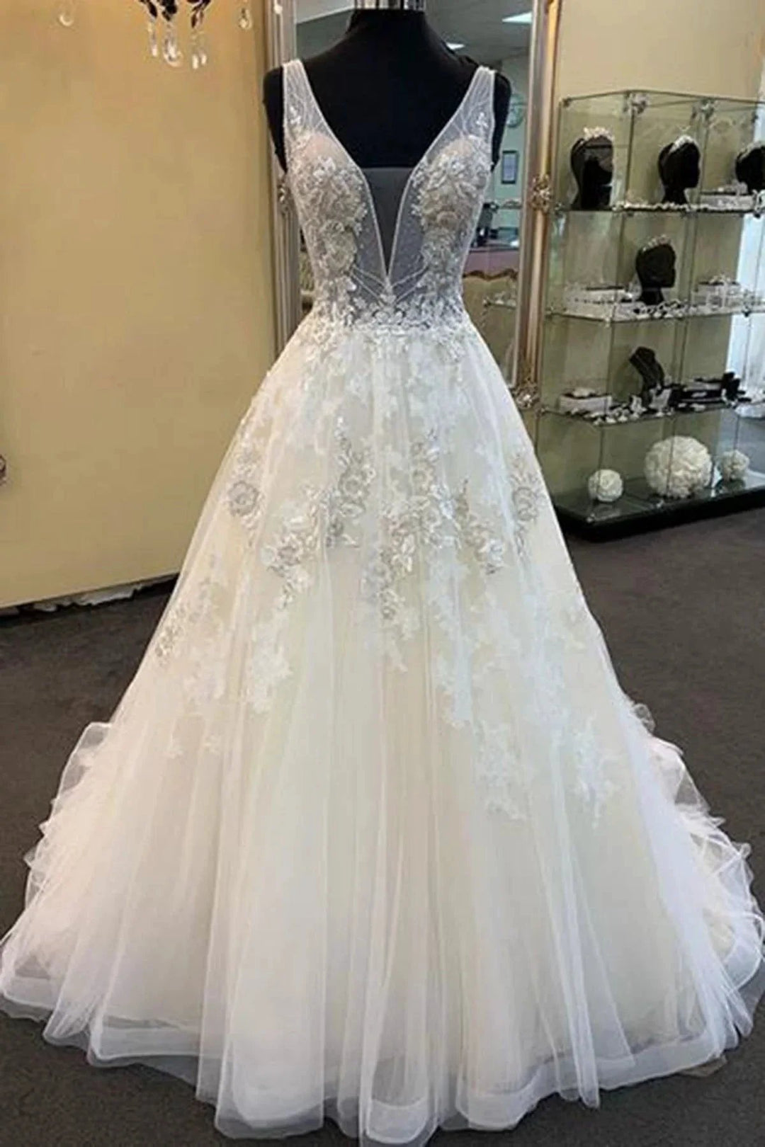 Unique Long A-line Tulle V Neck Beaded Lace Wedding Dress by BIZTUNNEL