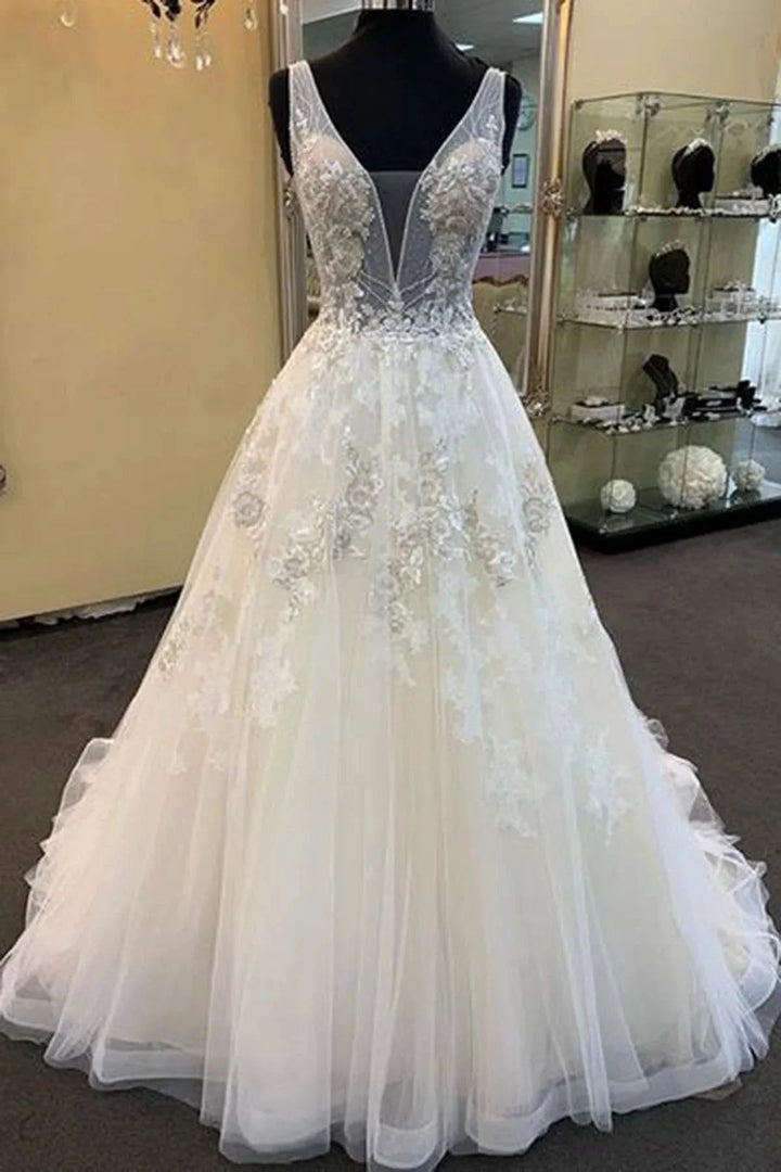 Unique Long A-line Tulle V Neck Beaded Lace Wedding Dress by BIZTUNNEL