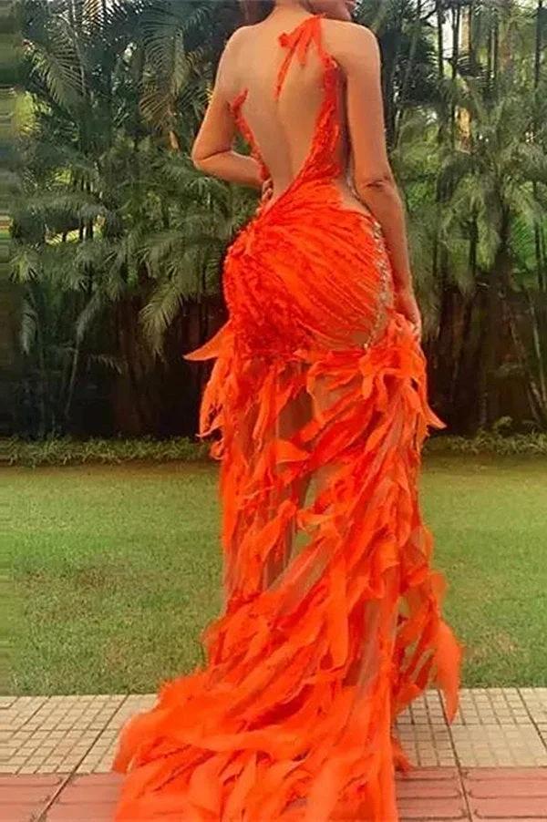 Unique Orange Jewel Sleeveless Asymmetrical Appliques Column Prom Dresses by misshow.com