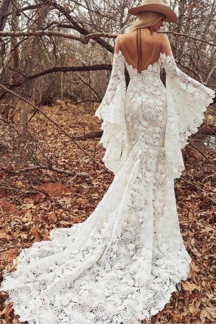 Unique Sweetheart Long-Sleeve Mermaid Floor-Length Lace Wedding Dresses with Chapel Train by misshow.com