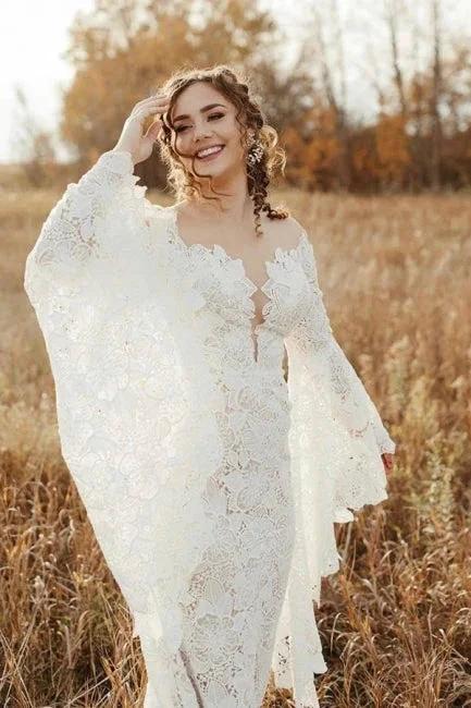 Unique Sweetheart Long-Sleeve Mermaid Floor-Length Lace Wedding Dresses with Chapel Train by misshow.com
