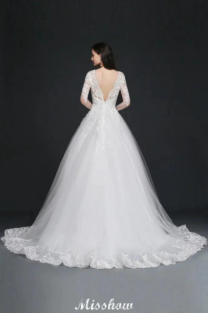 V-Neck Ball Gown Lace Tulle Wedding Dresses by misshow.com