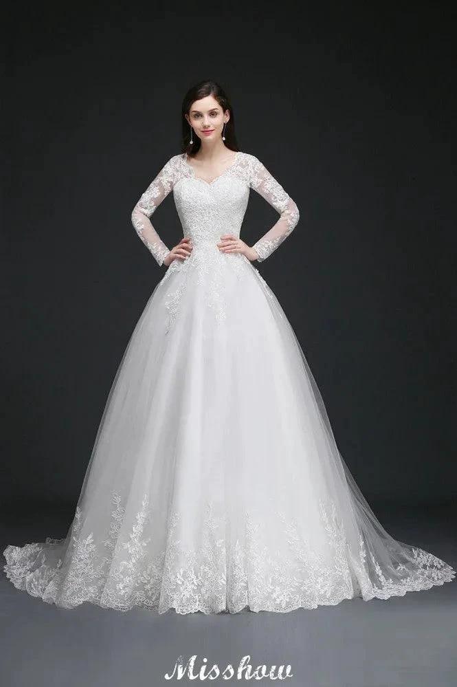 V-Neck Ball Gown Lace Tulle Wedding Dresses by misshow.com