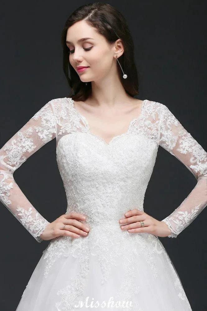 V-Neck Ball Gown Lace Tulle Wedding Dresses by misshow.com