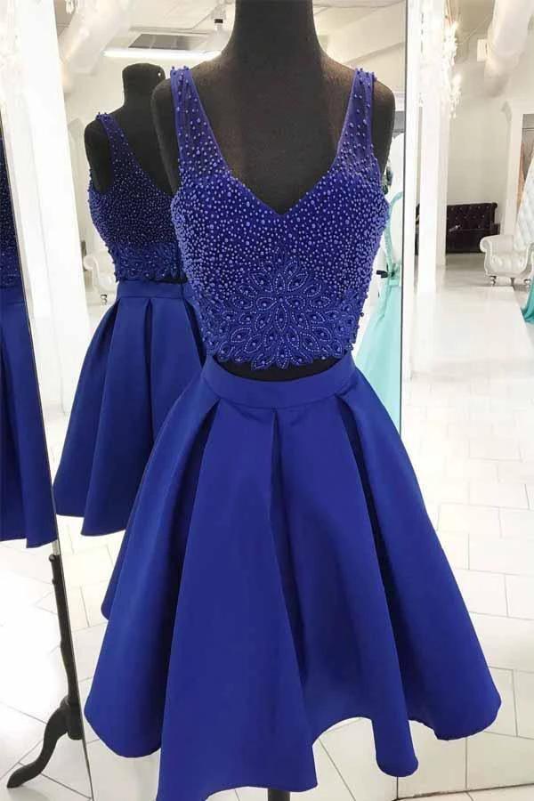V Neck Beaded Royal Blue Two Piece Short Prom Dress Homecoming Dresses PD162 by pgmdress
