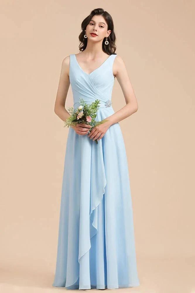 V-Neck Chiffon Aline Bridesmaid Dress Sleeveless Floor Length Simple Wedding Dress by misshow.com