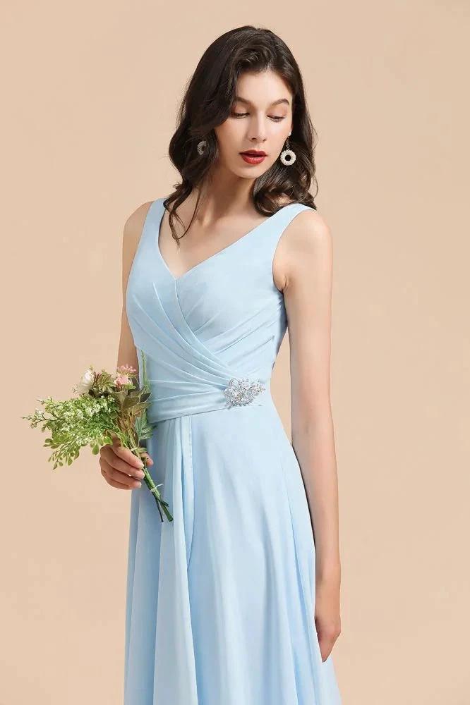 V-Neck Chiffon Aline Bridesmaid Dress Sleeveless Floor Length Simple Wedding Dress by misshow.com