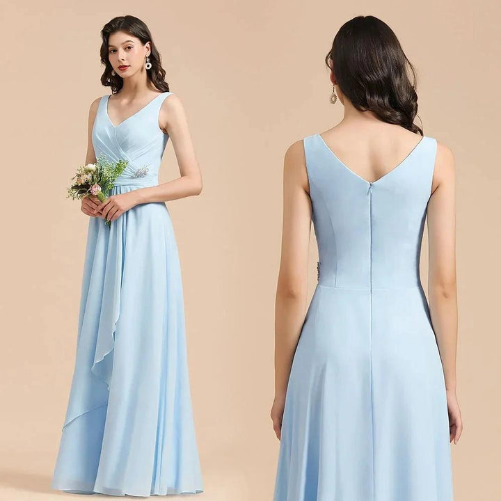 V-Neck Chiffon Aline Bridesmaid Dress Sleeveless Floor Length Simple Wedding Dress by misshow.com