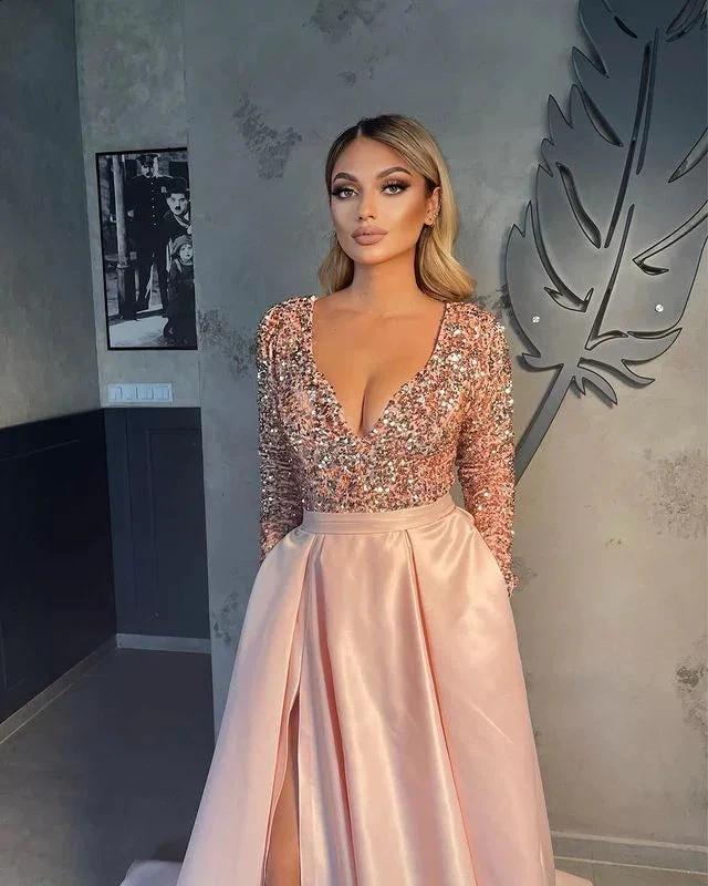 Vestidos de noite com decote em V para mulheres Vestido de baile em linha A com racha