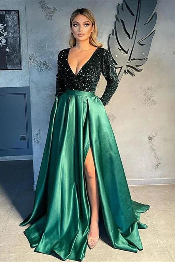 Vestidos de noite com decote em V para mulheres Vestido de baile em linha A com racha