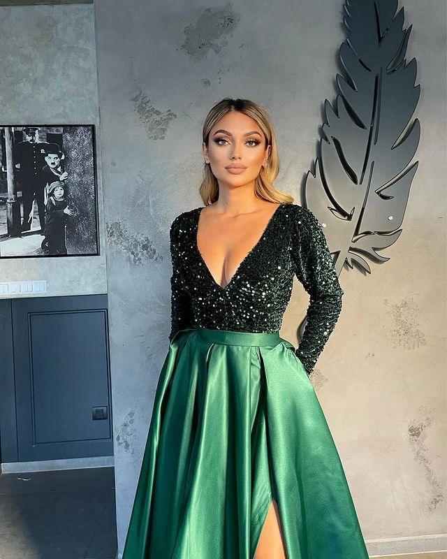 Vestidos de noite com decote em V para mulheres Vestido de baile em linha A com racha