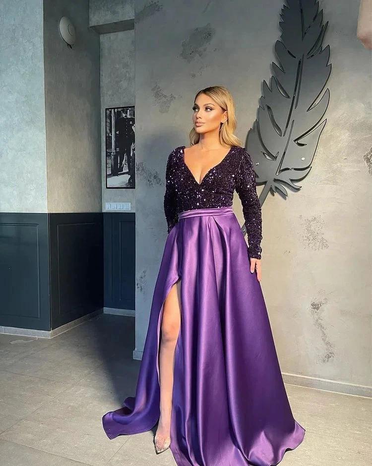 Vestidos de noite com decote em V para mulheres Vestido de baile em linha A com racha
