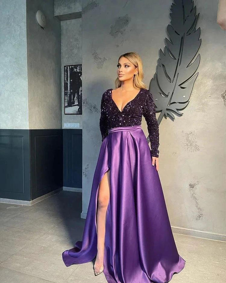 Vestidos de noite com decote em V para mulheres Vestido de baile em linha A com racha