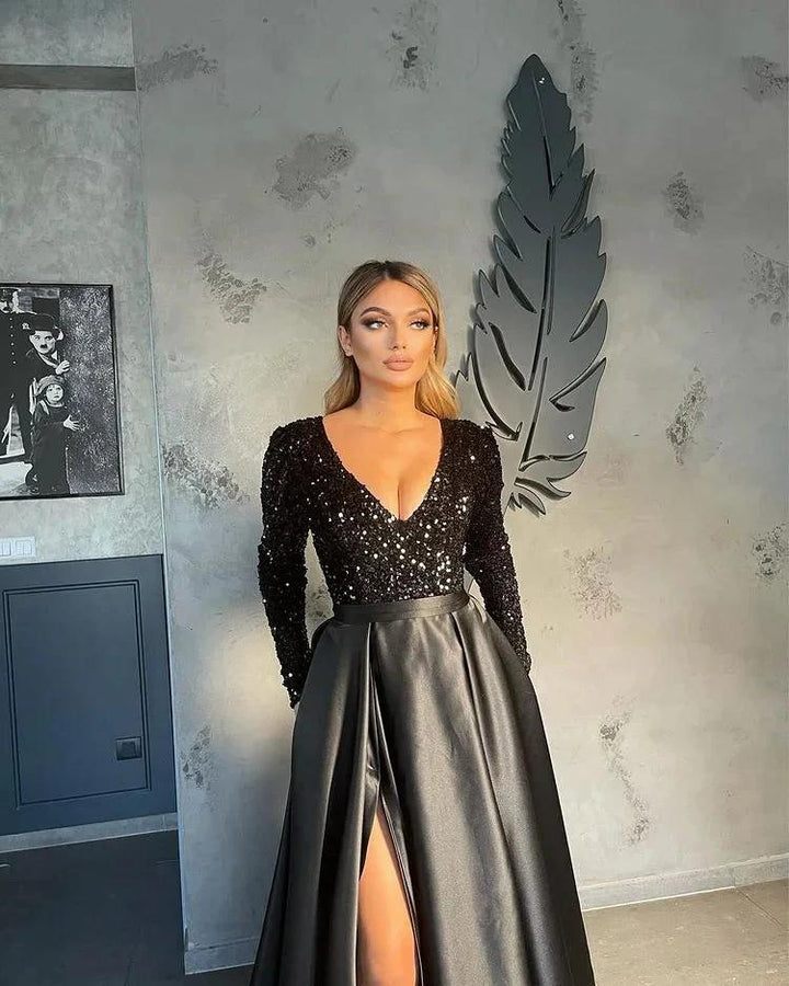 Vestidos de noite com decote em V para mulheres Vestido de baile em linha A com racha