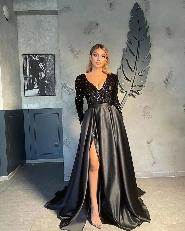 Vestidos de noite com decote em V para mulheres Vestido de baile em linha A com racha