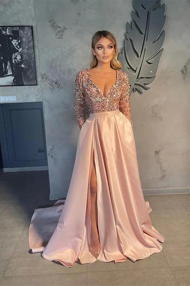 Vestidos de noite com decote em V para mulheres Vestido de baile em linha A com racha