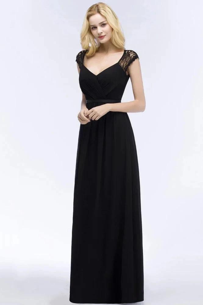 V-neck Floor Length A-line Lace Chiffon Bridesmaid Dresses with Sash by misshow.com