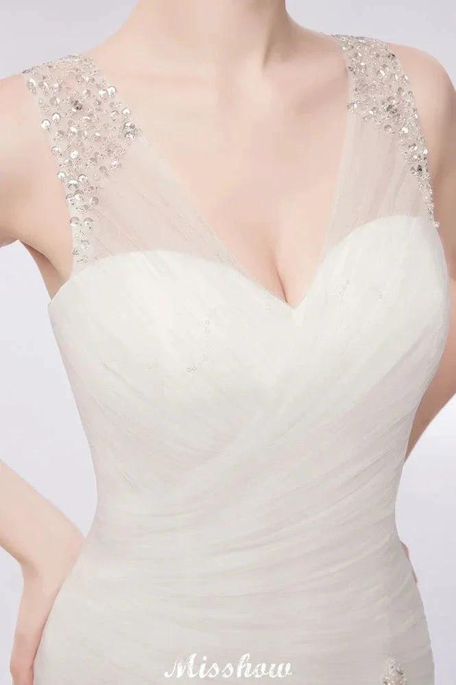 V-neck Floor Length Mermaid Crystals Tulle Wedding Dresses by misshow.com