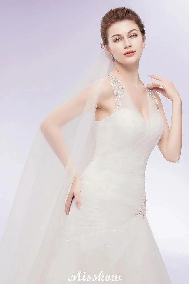 V-neck Floor Length Mermaid Crystals Tulle Wedding Dresses by misshow.com