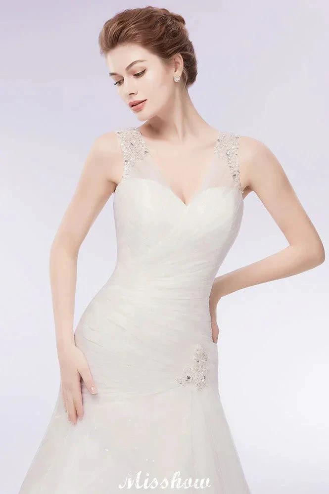 V-neck Floor Length Mermaid Crystals Tulle Wedding Dresses by misshow.com