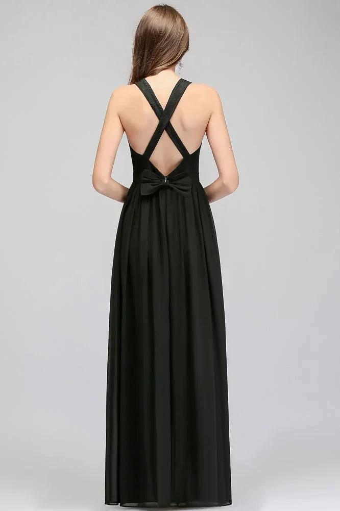 V-neck Floor Length Sleeveless Lace Top Black Bridesmaid Dress by misshow.com
