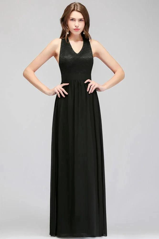 V-neck Floor Length Sleeveless Lace Top Black Bridesmaid Dress by misshow.com