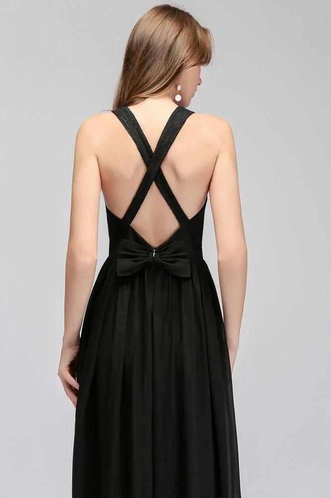 V-neck Floor Length Sleeveless Lace Top Black Bridesmaid Dress by misshow.com