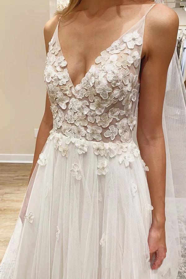 V Neck Ivory Vivid Flowers Wedding Dresses With with Unlined Bodice WD476 by pgmdress