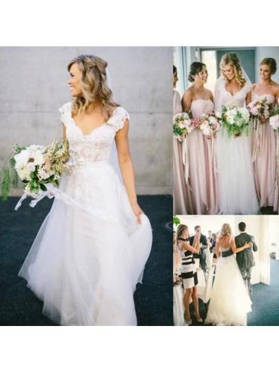 V-Neck Lace Tulle Cap Sleeve A-Line Wedding Dress WD136 by pgmdress
