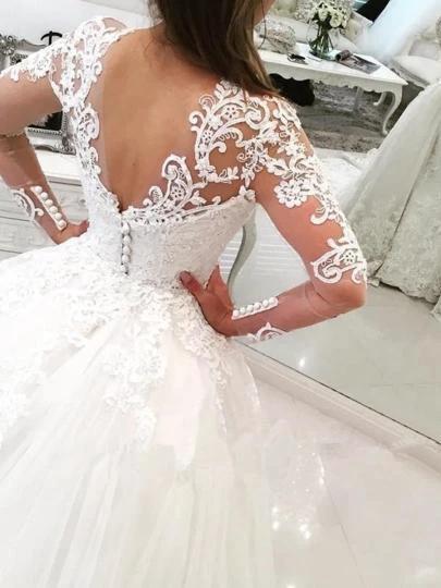 V-Neck Long Sleeves Appliques Watteau Train Wedding Dress WD167 by pgmdress