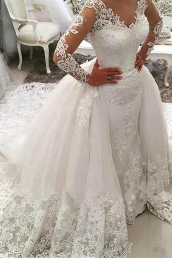 V-Neck Long Sleeves Appliques Watteau Train Wedding Dress WD167 by pgmdress