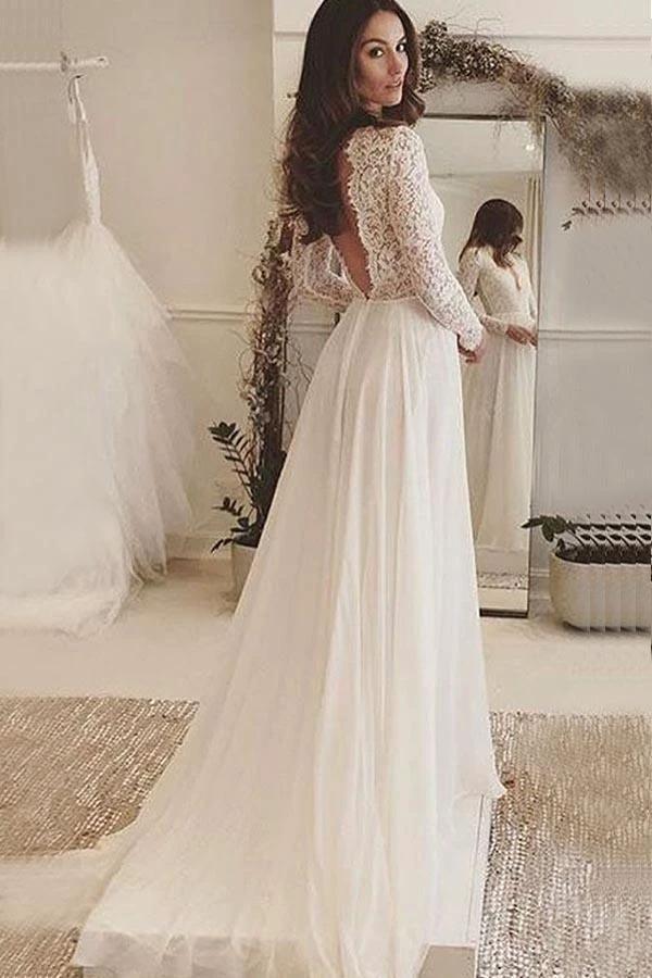 V-Neck Long Sleeves Backless Ivory Chiffon Wedding Dress with Lace WD153 by pgmdress