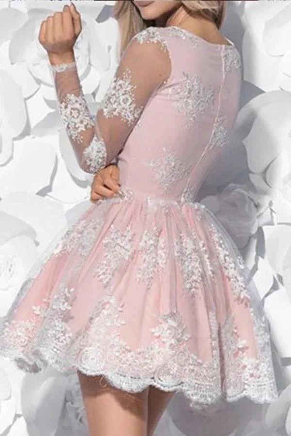 V-Neck Long Sleeves Short Pink Tulle Homecoming Dress with Appliques PG160 by pgmdress