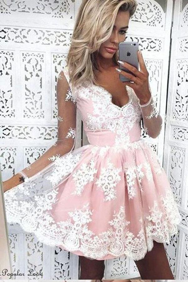 V-Neck Long Sleeves Short Pink Tulle Homecoming Dress with Appliques PG160 by pgmdress
