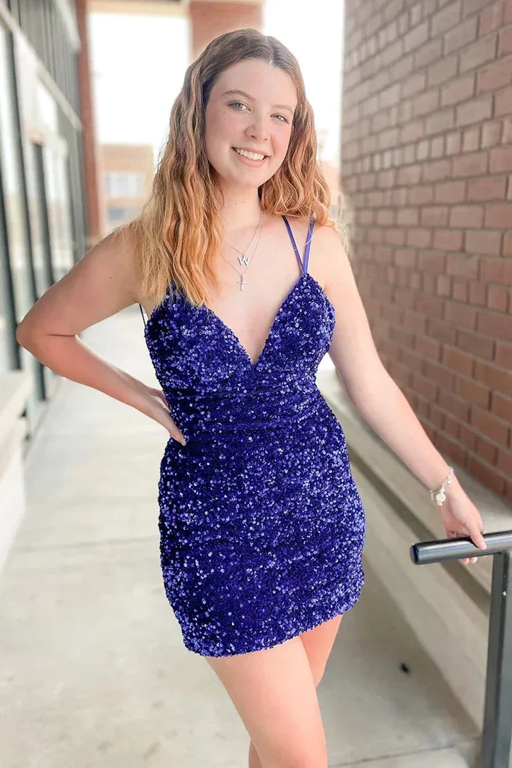 V-neck Royal Blue Spaghetti Straps Sleeveless Short Homecoming Dresses by misshow.com