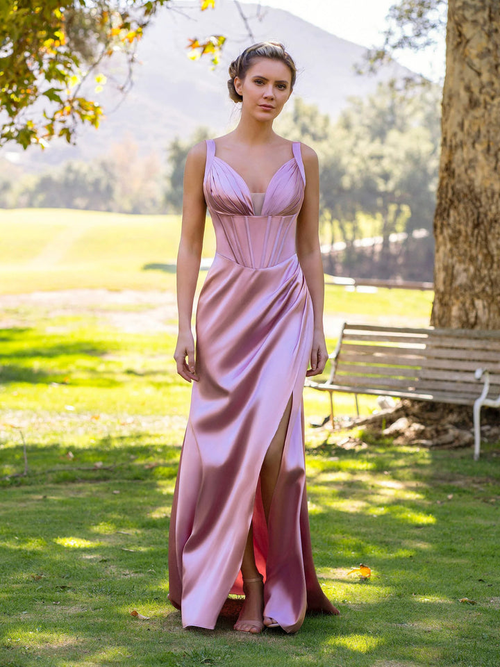 Sheath Pink V-neck Satin Floor Length Prom Dress by Anne of Brittany