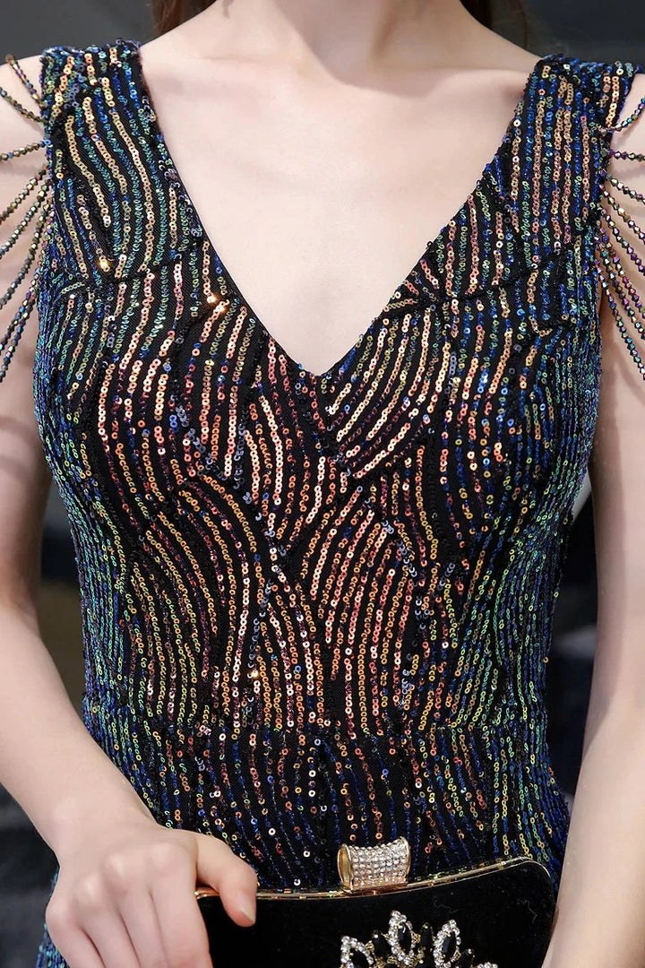 V-Neck Sequins Long Evening Dress With Split by BIZTUNNEL