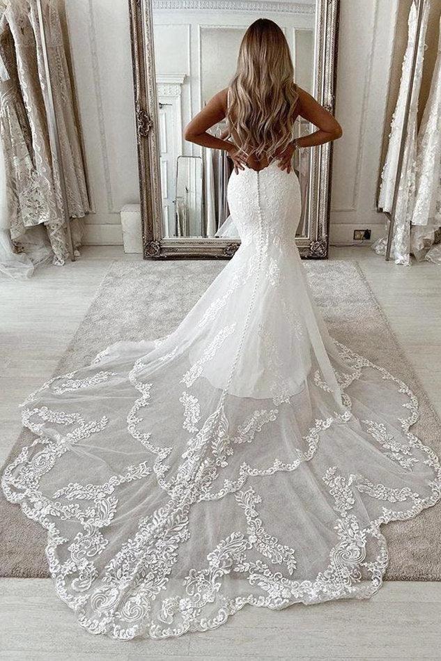 V-neck Sleeveless Appliques Lace Mermaid Floor-length Wedding Dresses by misshow.com