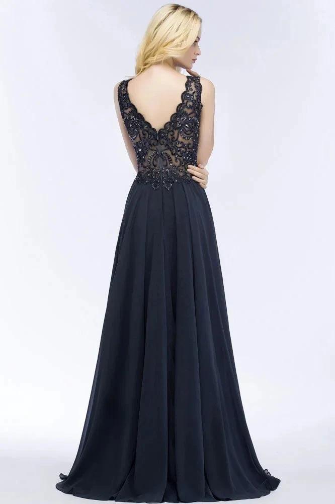 V-neck Sleeveless Long Appliqued Crystals Chiffon Prom Dresses by misshow.com