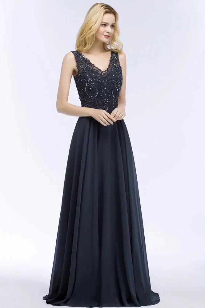 V-neck Sleeveless Long Appliqued Crystals Chiffon Prom Dresses by misshow.com