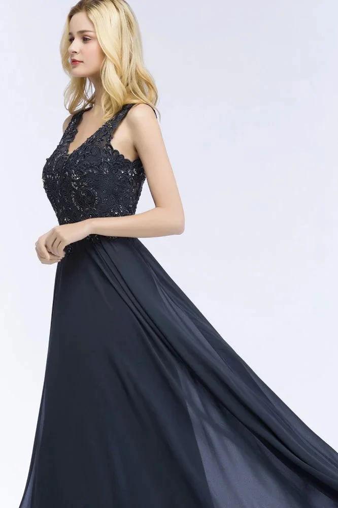 V-neck Sleeveless Long Appliqued Crystals Chiffon Prom Dresses by misshow.com
