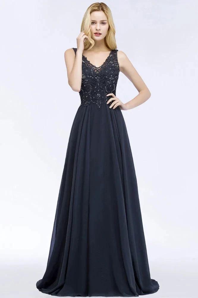 V-neck Sleeveless Long Appliqued Crystals Chiffon Prom Dresses by misshow.com