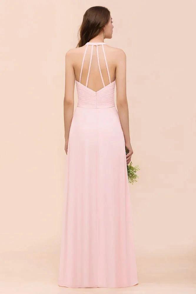 V-Neck Sleeveless Maxi Bridesmaid Dress Pink Chiffon Beach Wedding Dress by misshow.com