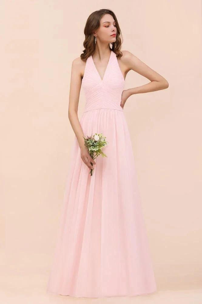 V-Neck Sleeveless Maxi Bridesmaid Dress Pink Chiffon Beach Wedding Dress by misshow.com