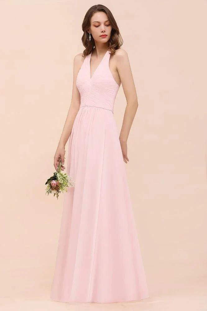 V-Neck Sleeveless Maxi Bridesmaid Dress Pink Chiffon Beach Wedding Dress by misshow.com
