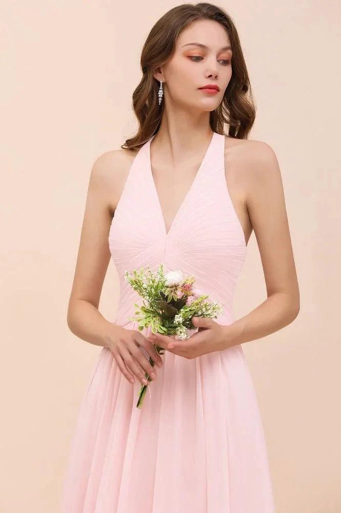 V-Neck Sleeveless Maxi Bridesmaid Dress Pink Chiffon Beach Wedding Dress by misshow.com