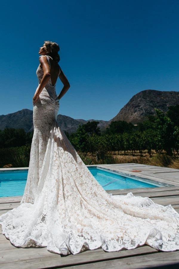 V-Neck Sleeveless Ruched Backless Lace Wedding Dress With Court Train WD141 by pgmdress